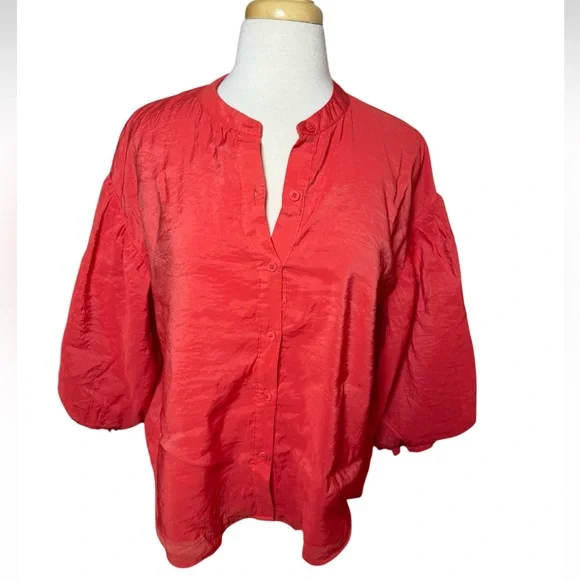 Fate Far From Over Puff Sleeve Red Button-Up Blouse-Size Medium - Picture 1 of 8